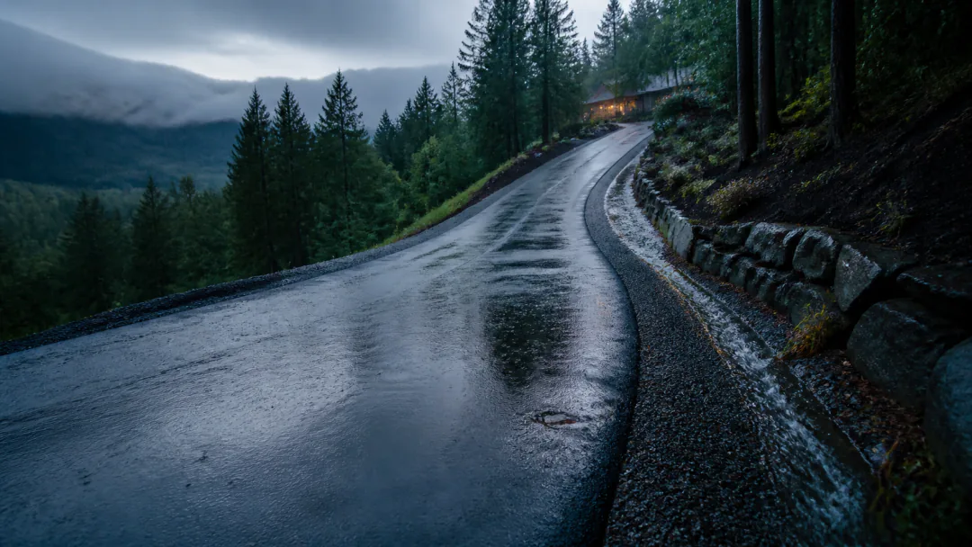 Rainwater following the low edge of a sloped Maple Ridge driveway
